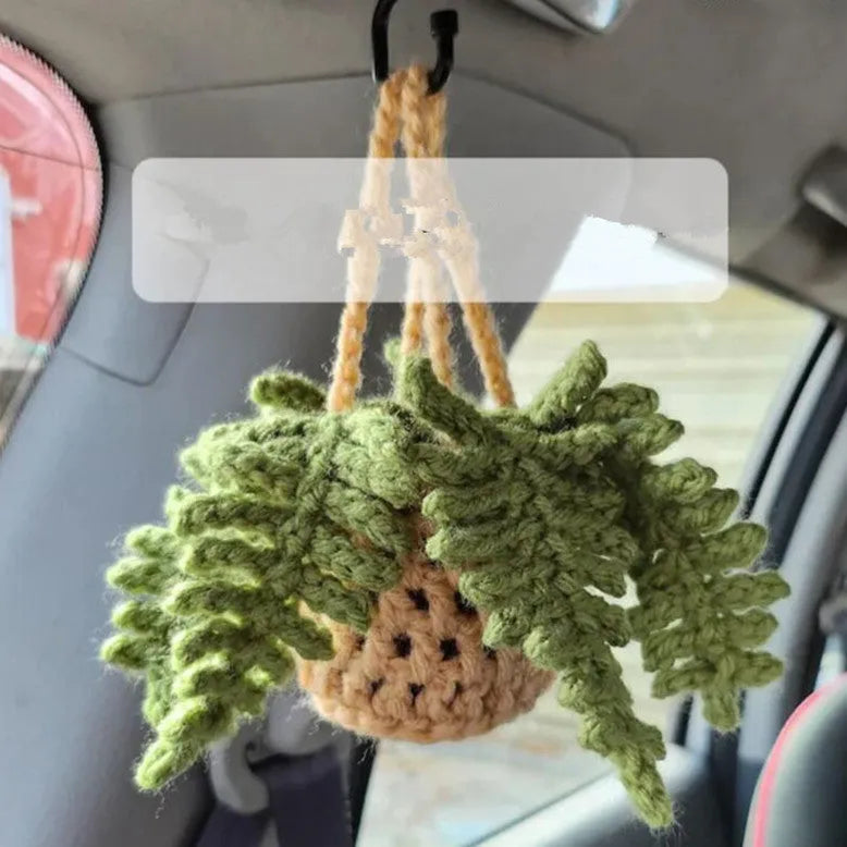 Green and white knitted wool car plant ornament with hanging rope.