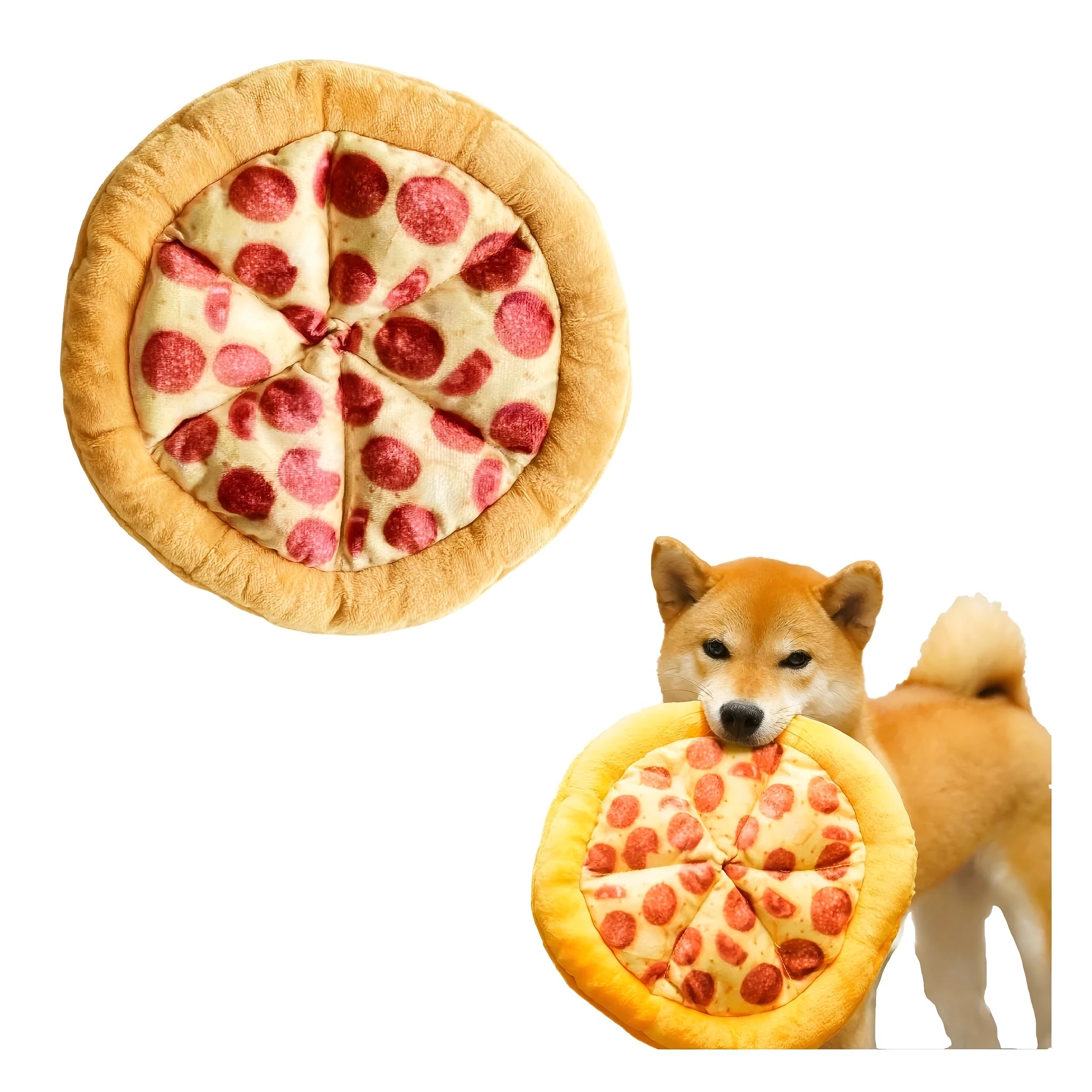 Yellow pizza-themed plush dog toy with squeaker for chewing and interactive play
