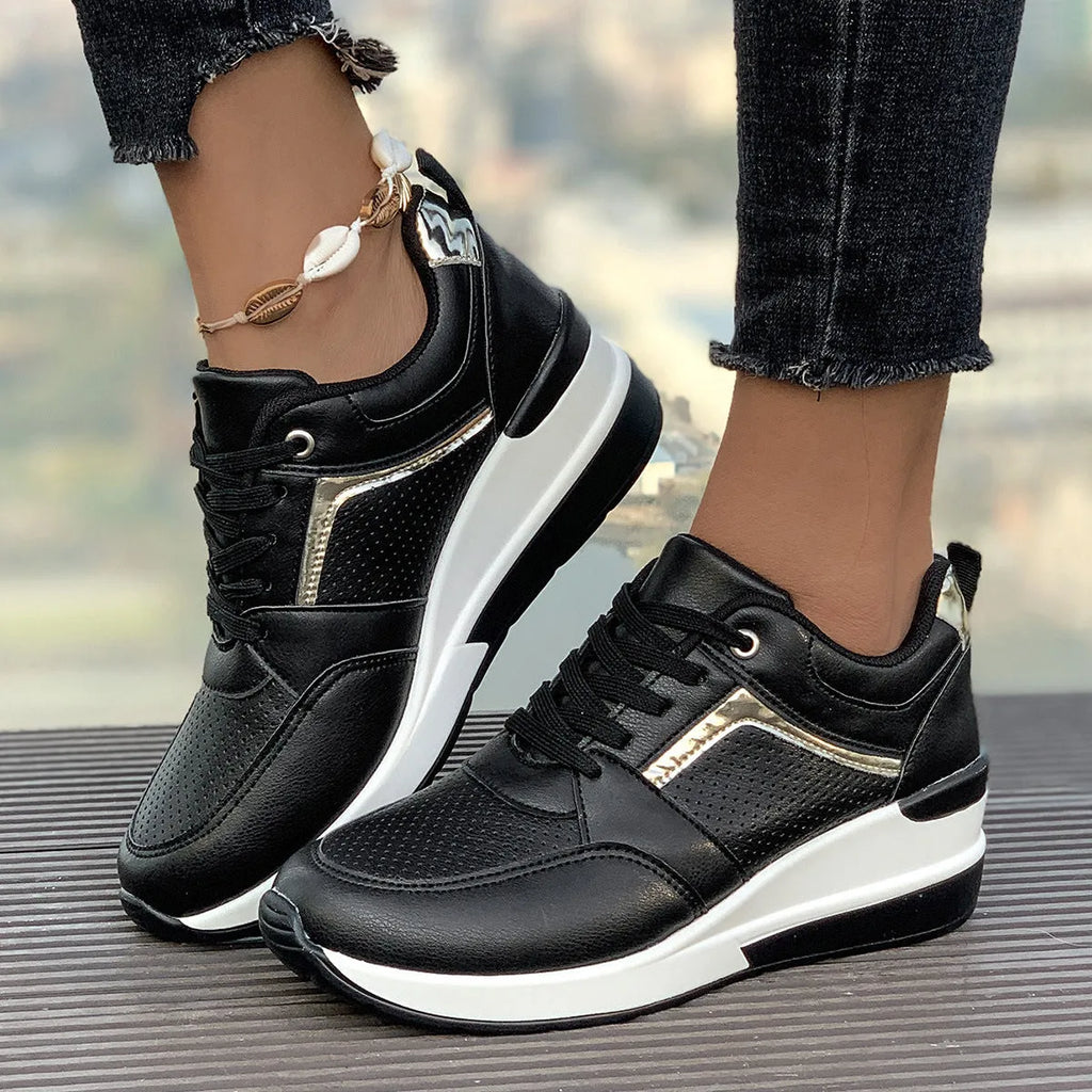 Women's wedge platform casual shoes in PU leather with a lace-up front and rubber sole.
