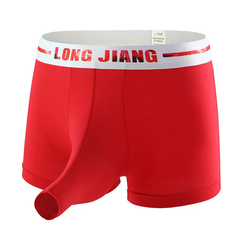Men's solid colour Ice Silk boxer shorts with a trunk open design on a mid-waist fit.