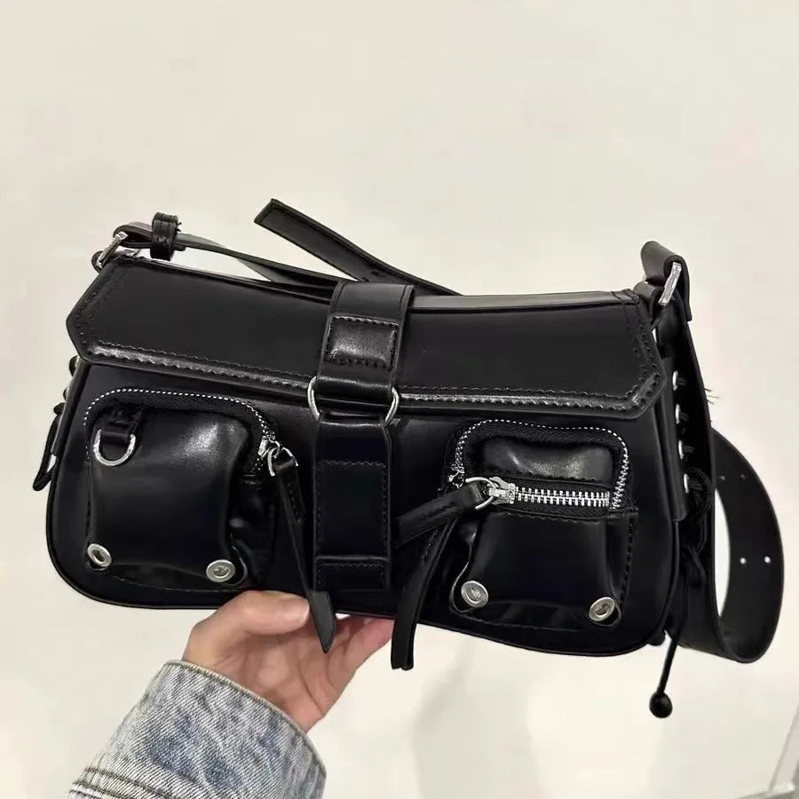 Black PU leather women's underarm baguette messenger bag with adjustable shoulder strap