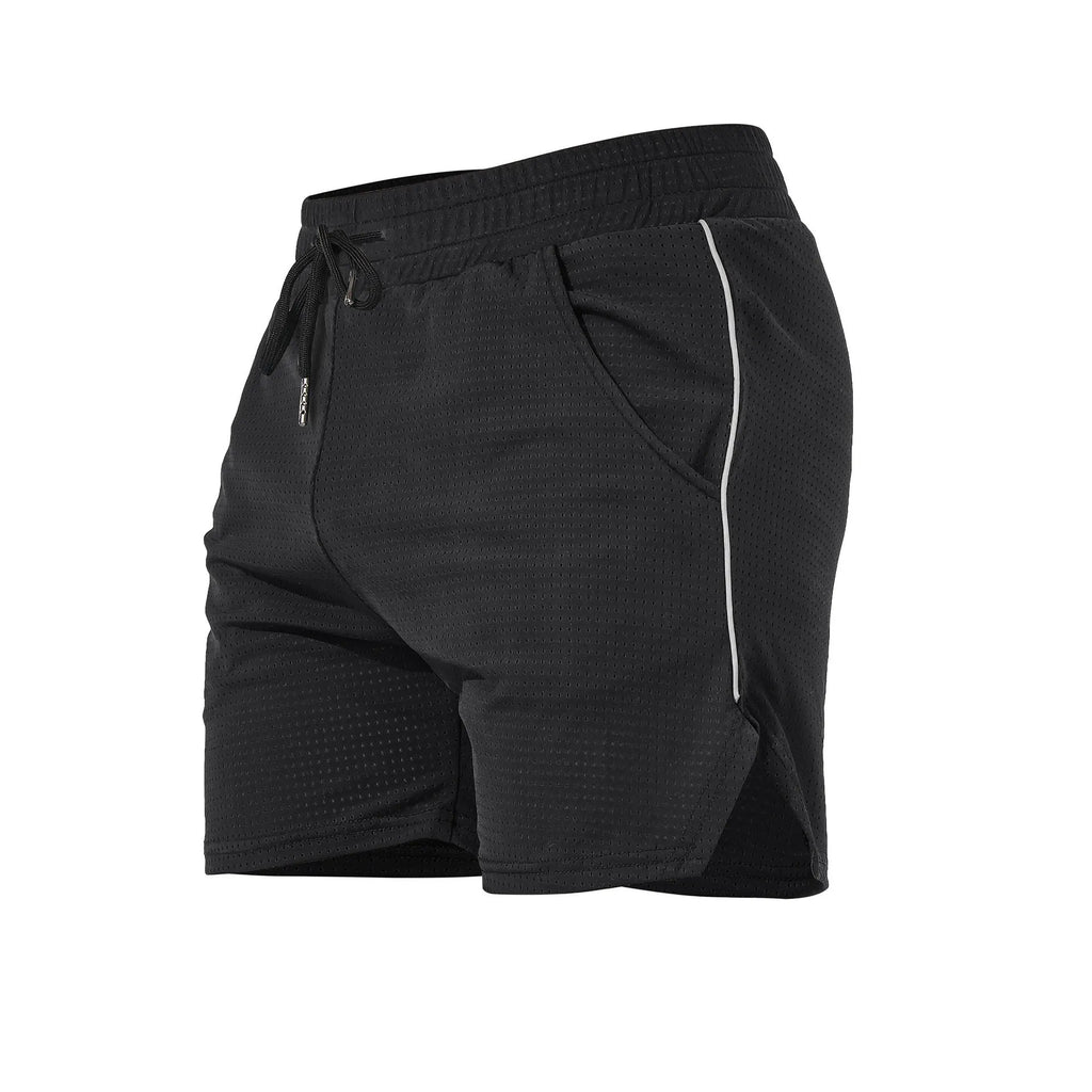 Men's polyester sports casual shorts in black, grey, navy blue, or red colours
