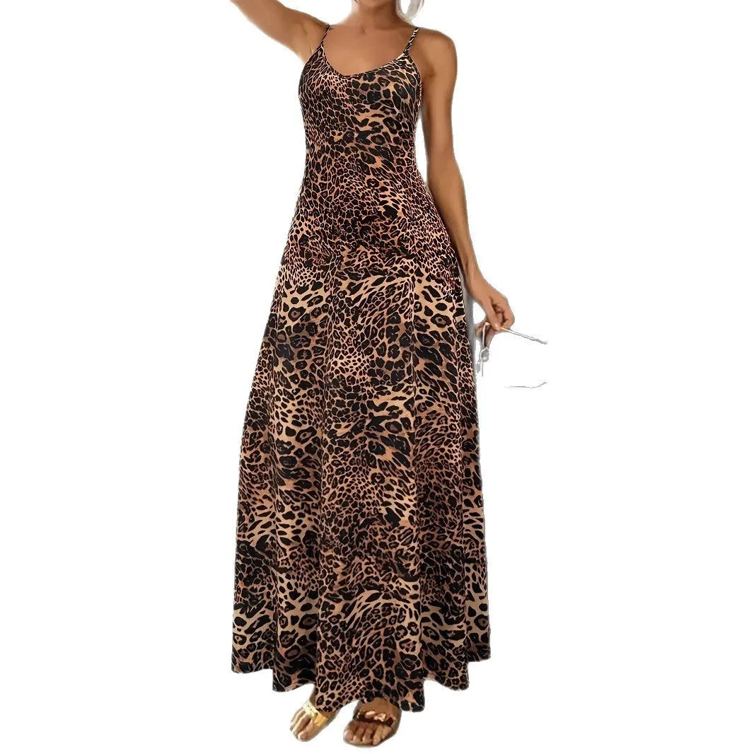 Dark brown leopard print sleeveless casual dress with shoulder straps and long skirt