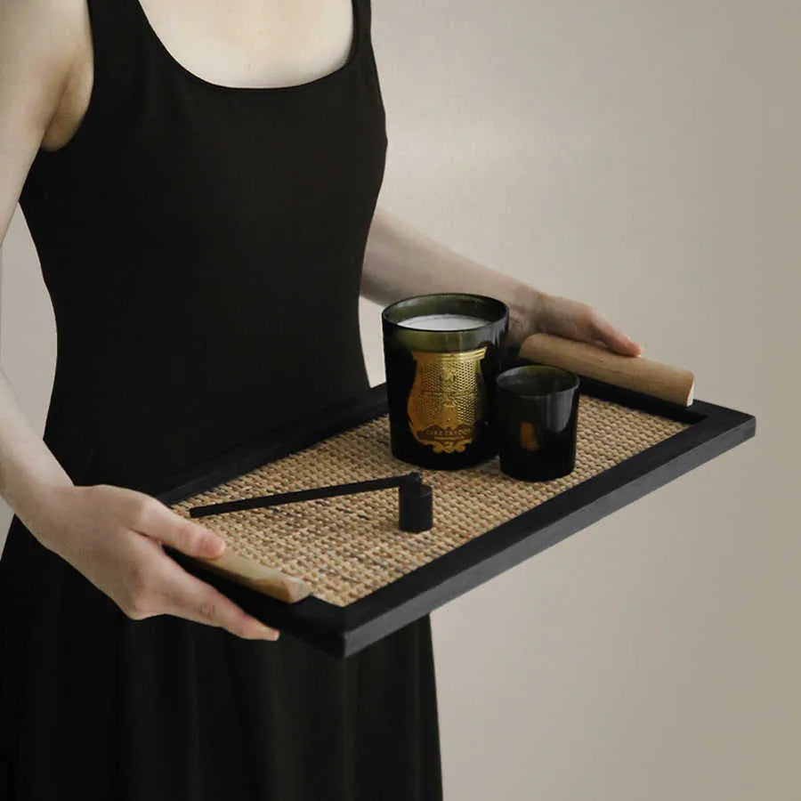 Pine wood tea tray with separate compartments for teapot, cups, and snacks.