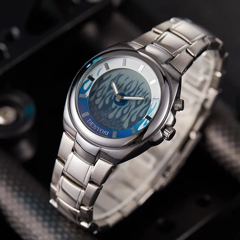 Y2K digital watch with dual display showing blue flame colour variant on wrist