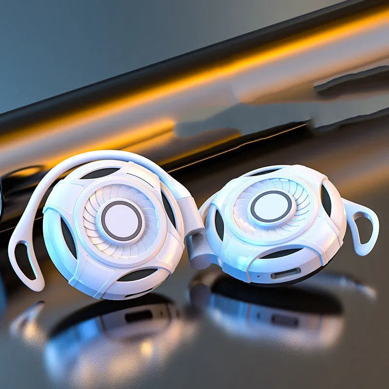 Black and white Bluetooth 5.0 wireless earphones with hanging ear design