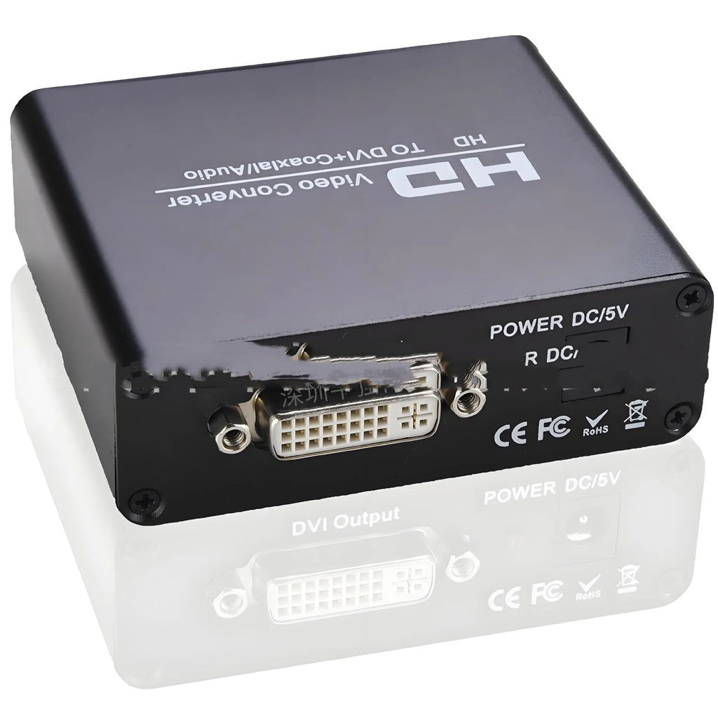 Black HDMI to DVI video converter with coaxial audio output port and attached 1.5 metre cable