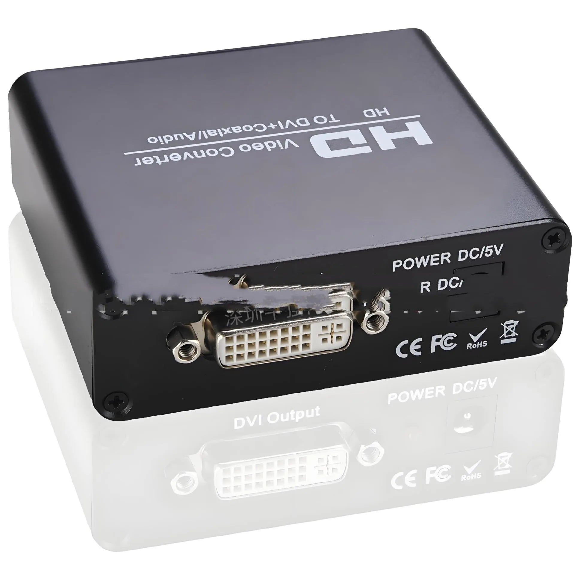 Black HDMI to DVI video converter with coaxial audio output port and attached 1.5 metre cable