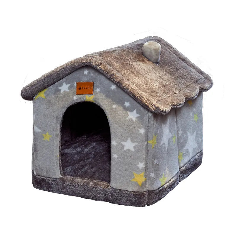 Foldable pet bed with plush fur, enclosed cave shape, removable nest, and durable bottom, in grey star or navy blue carrot.