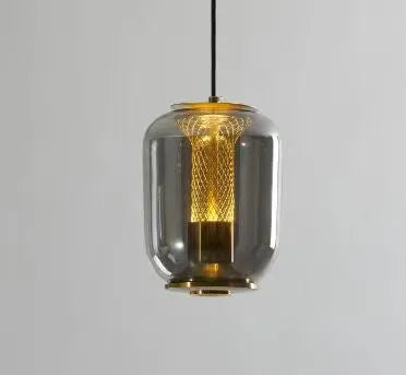 Minimalist Nordic glass chandelier pendant light in clear, cognac, or smoky grey, 16cm wide.