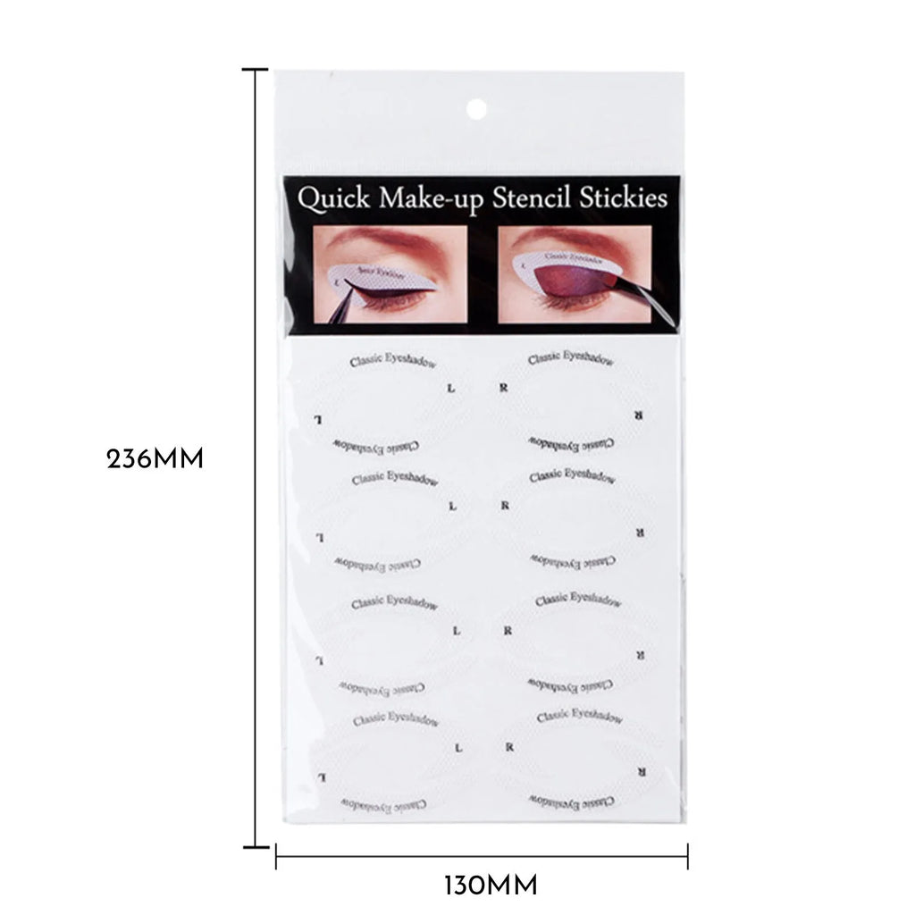 Set of four clear, flexible eyeliner and eyeshadow stencil stickers on a pink background.