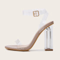 Apricot-coloured women's high heel sandals with glass heels and an ankle buckle.
