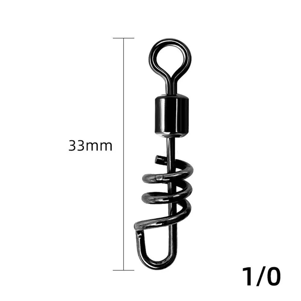 Close-up of a silver 8-shaped metal fishing swivel connector on a dark background.