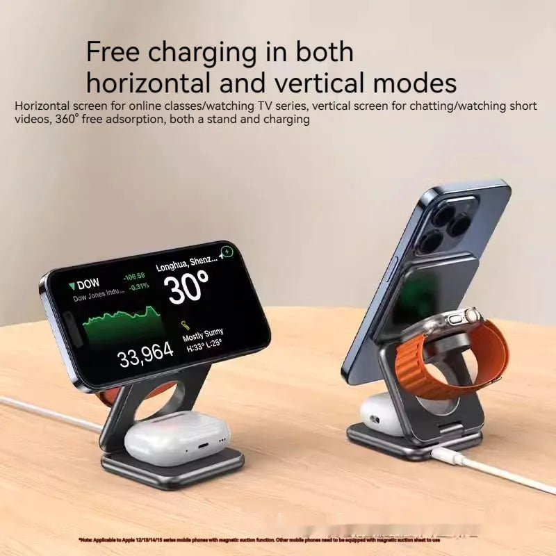 Black foldable magnetic wireless phone charging holder showing stand and compact size.