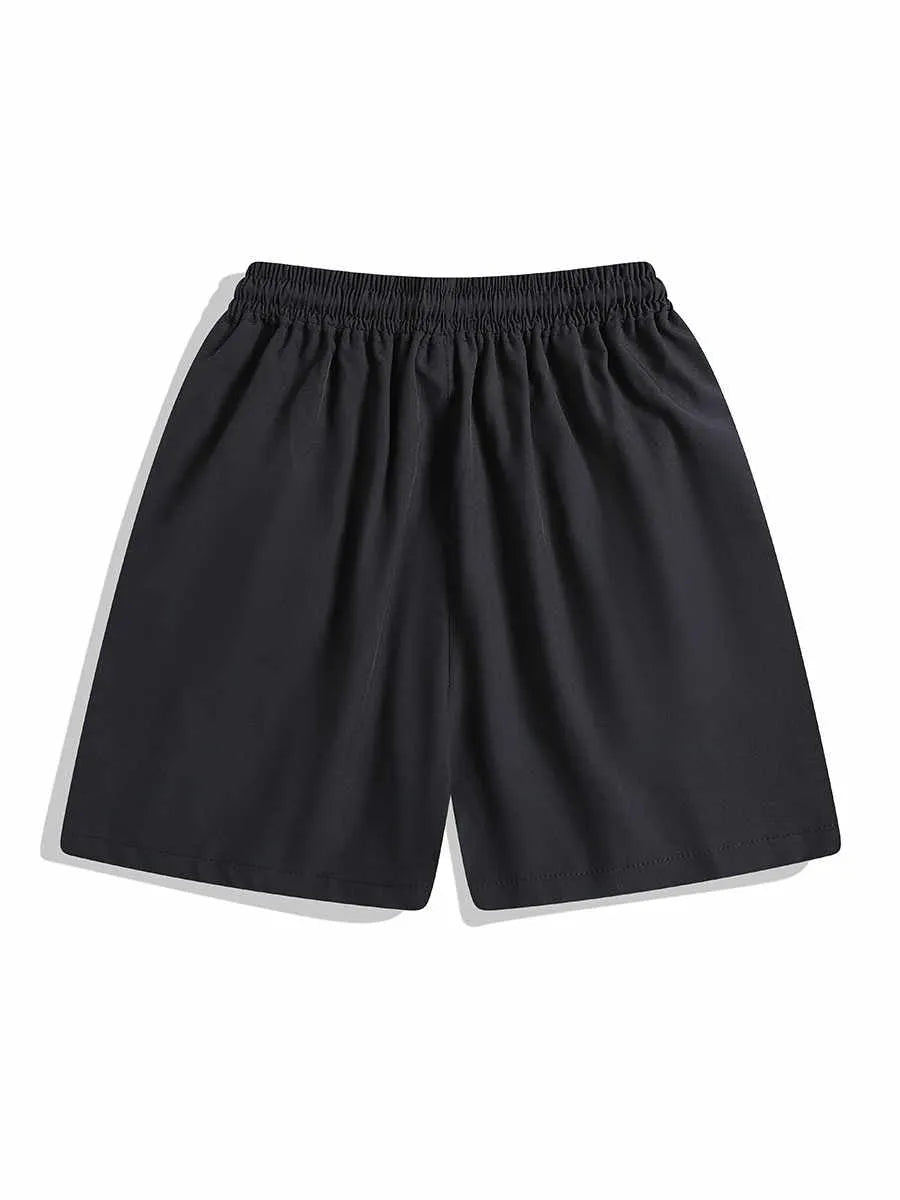 Quick-drying black and grey sports shorts with elastic waist and loose fit design