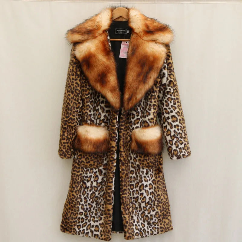 Leopard print long artificial fur jacket for women on a hanger, showing full 80cm length.