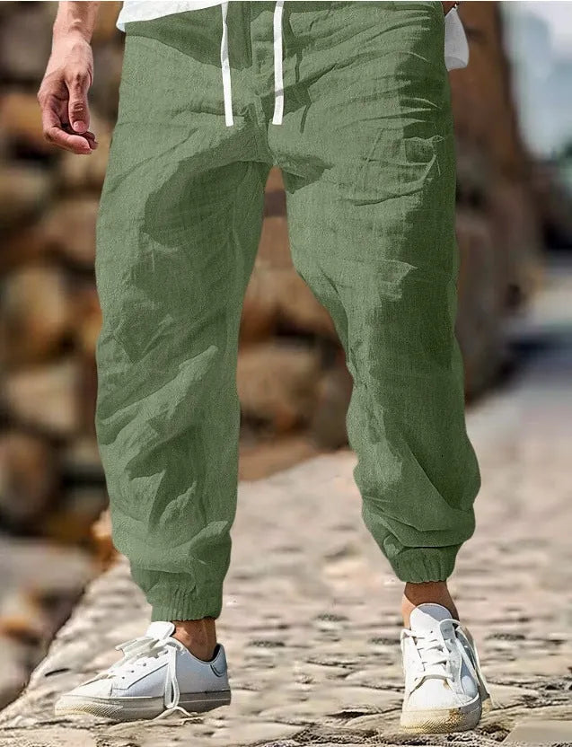Men's straight-leg cotton linen trousers with elastic waistband in army green colour