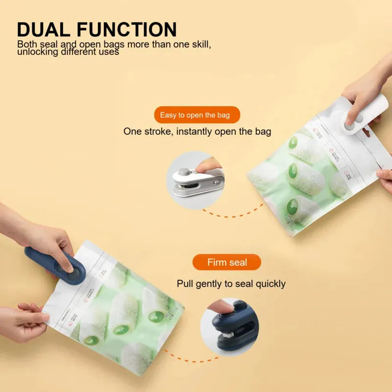 Blue and white handheld USB rechargeable heat sealer for sealing chip bags and food storage