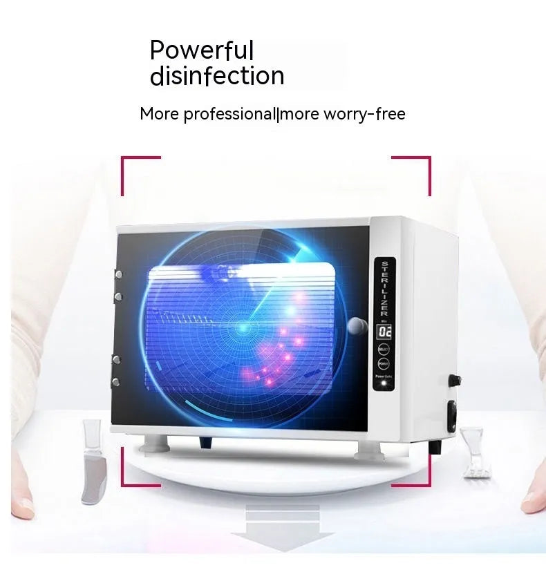 Silver ultraviolet steriliser machine with dimensions for salon tool disinfection