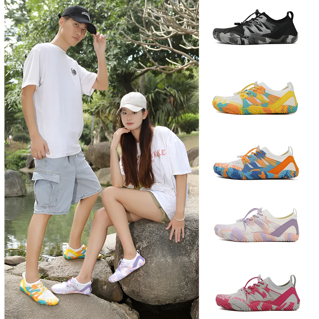 Men's and women's quick-drying lace-up beach wading shoes in various colours on a non-slip rubber sole.