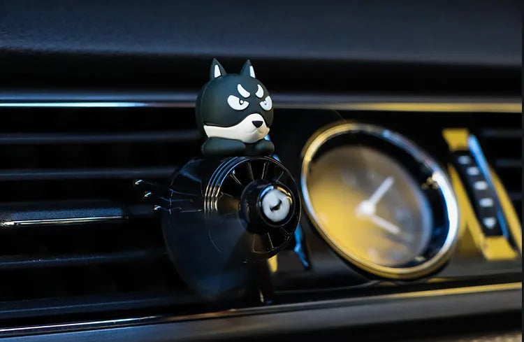 Black Husky car air vent aromatherapy ornament with clip, showing dimensions