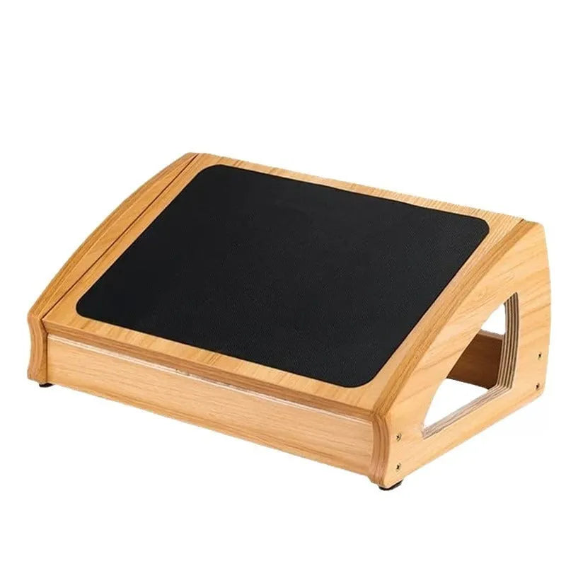 Wooden bamboo adjustable height office desk footstool in natural wood colour