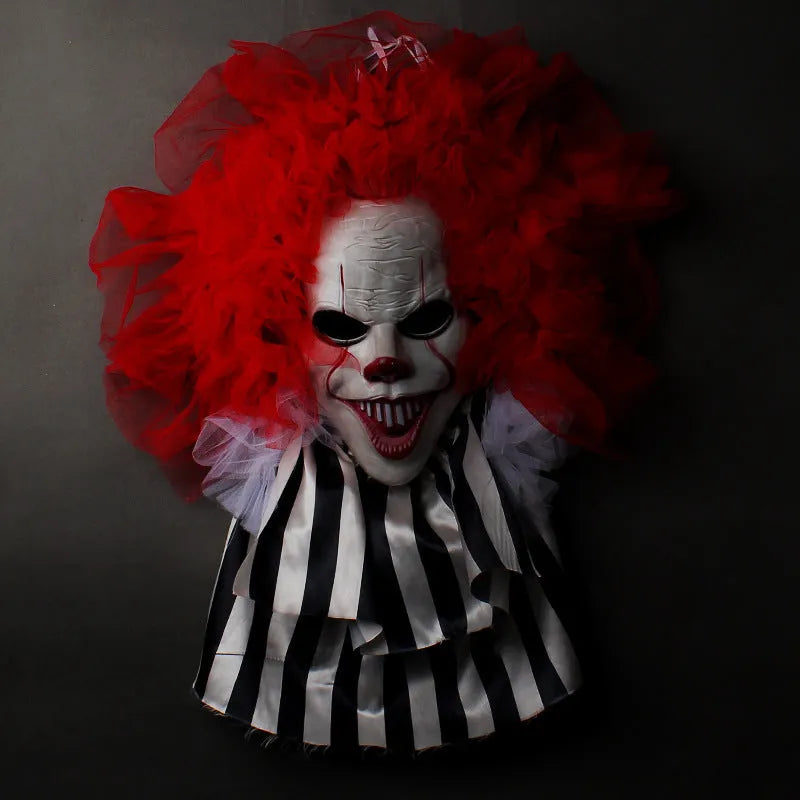 Red clown Halloween wreath decoration made from cloth with character pattern for door or wall hanging