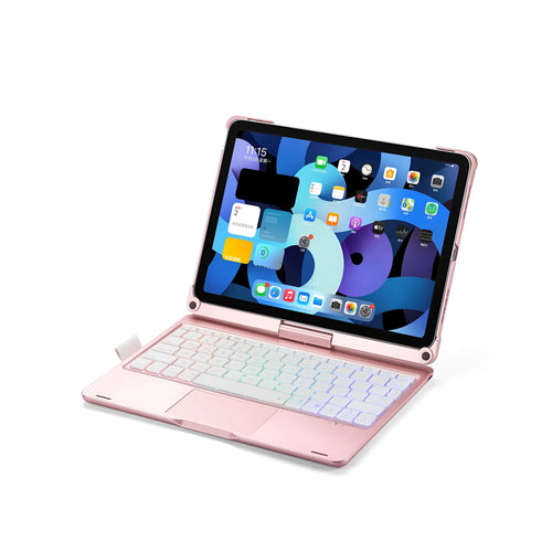 Black 360-degree rotating Bluetooth backlit keyboard case open with an iPad Pro inside, showing the typing angle.