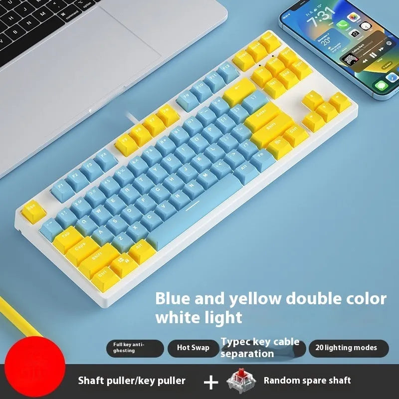 87-key wired mechanical keyboard with two-tone keycaps, shown with switch puller and cleaning brush