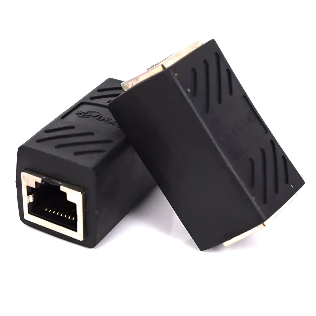Black RJ45 network cable extender adapter connecting two Ethernet cables.