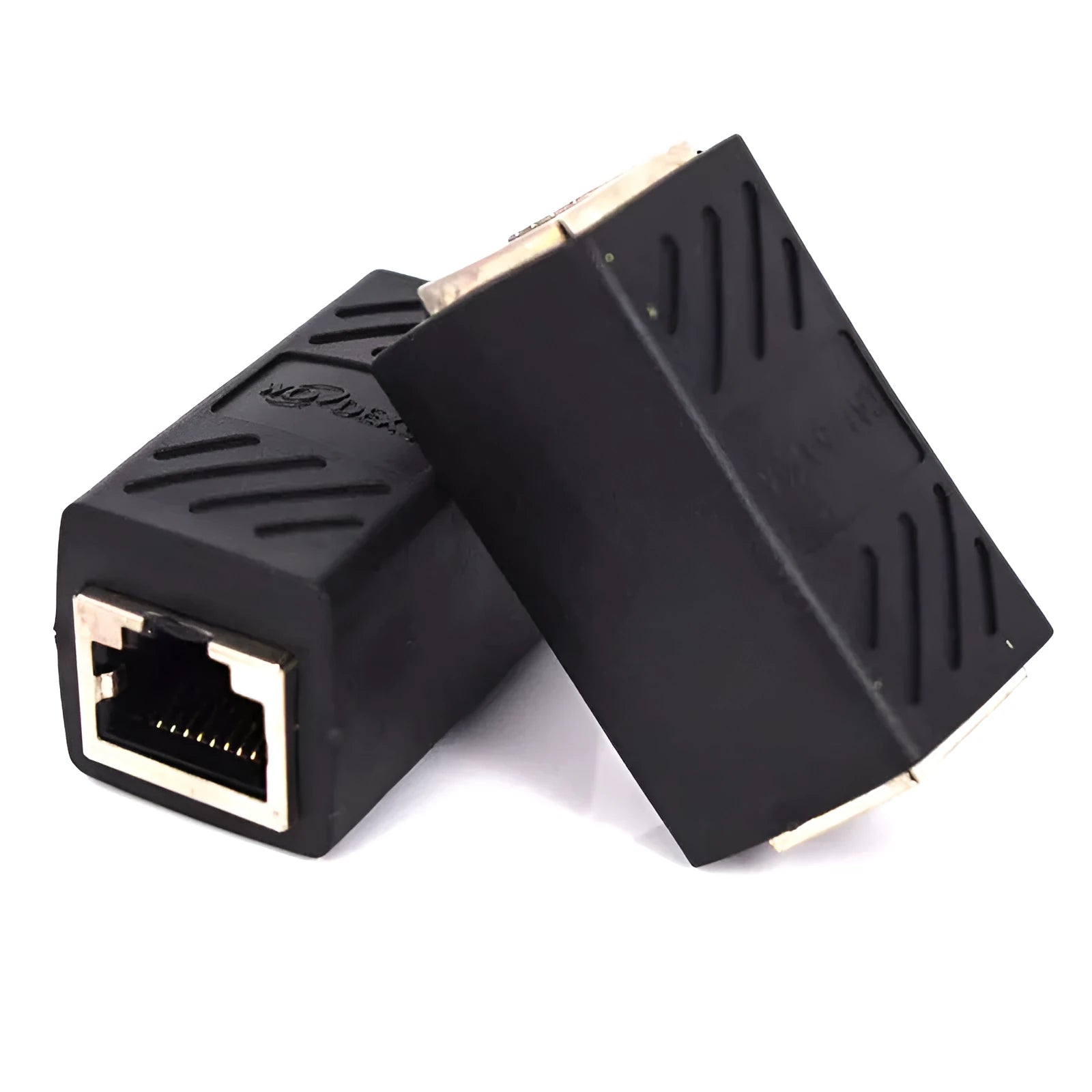 Black RJ45 network cable extender adapter connecting two Ethernet cables.