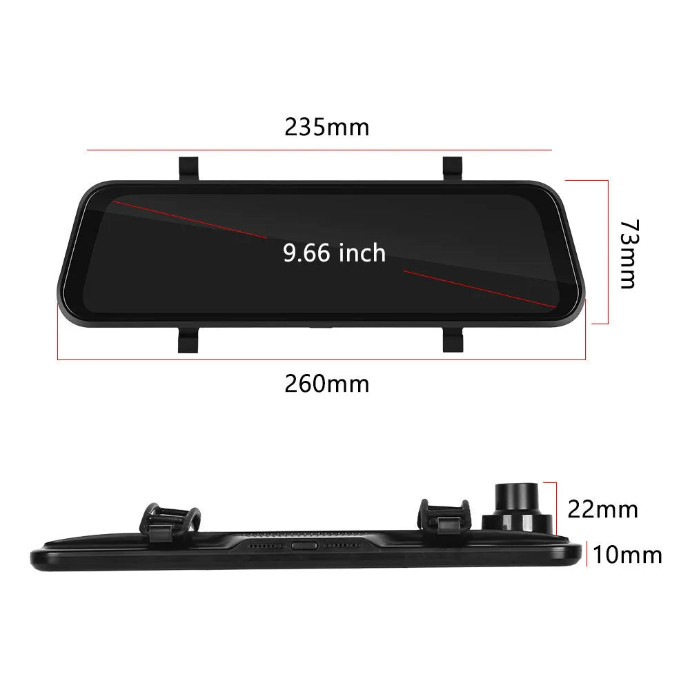 9.66 inch mirror-style car dash cam with HD screen showing video display and smartphone connectivity icons.