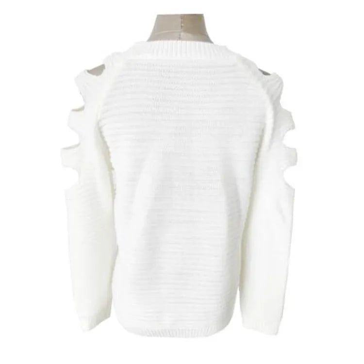 White women's knitted long sleeve shirt with hollow-out crochet detail on a hanger.