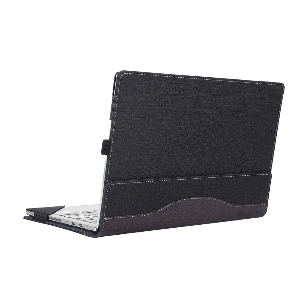 Black imitation leather laptop protective sleeve with Chinese-inspired fabric detailing for Microsoft Surface Laptop 6