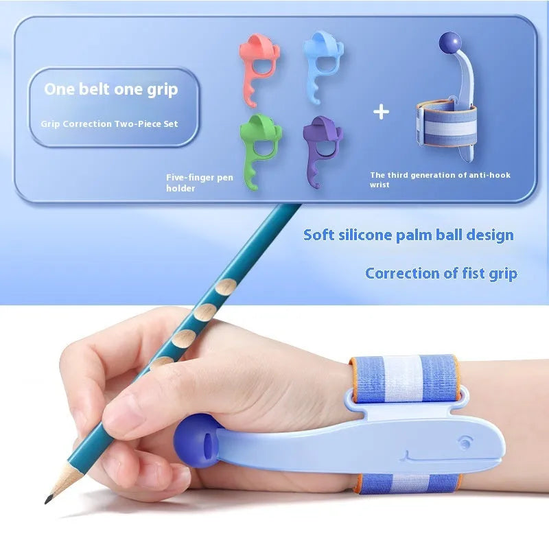 Blue and pink anti-hook wrist brace pen grip corrector for children's handwriting, made from white ABS nylon.