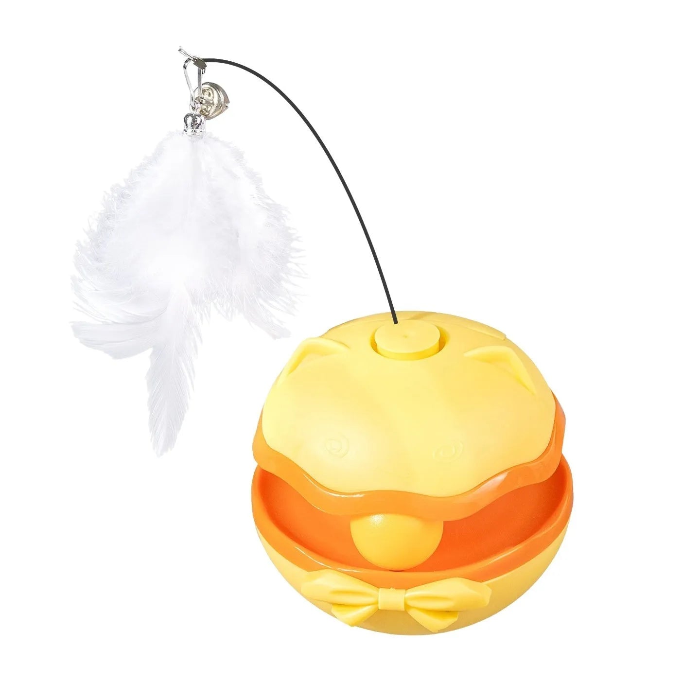 Electric self-righting cat teaser tumbler toy in lemon yellow, sky blue, and soft fog grey on a hardwood floor.