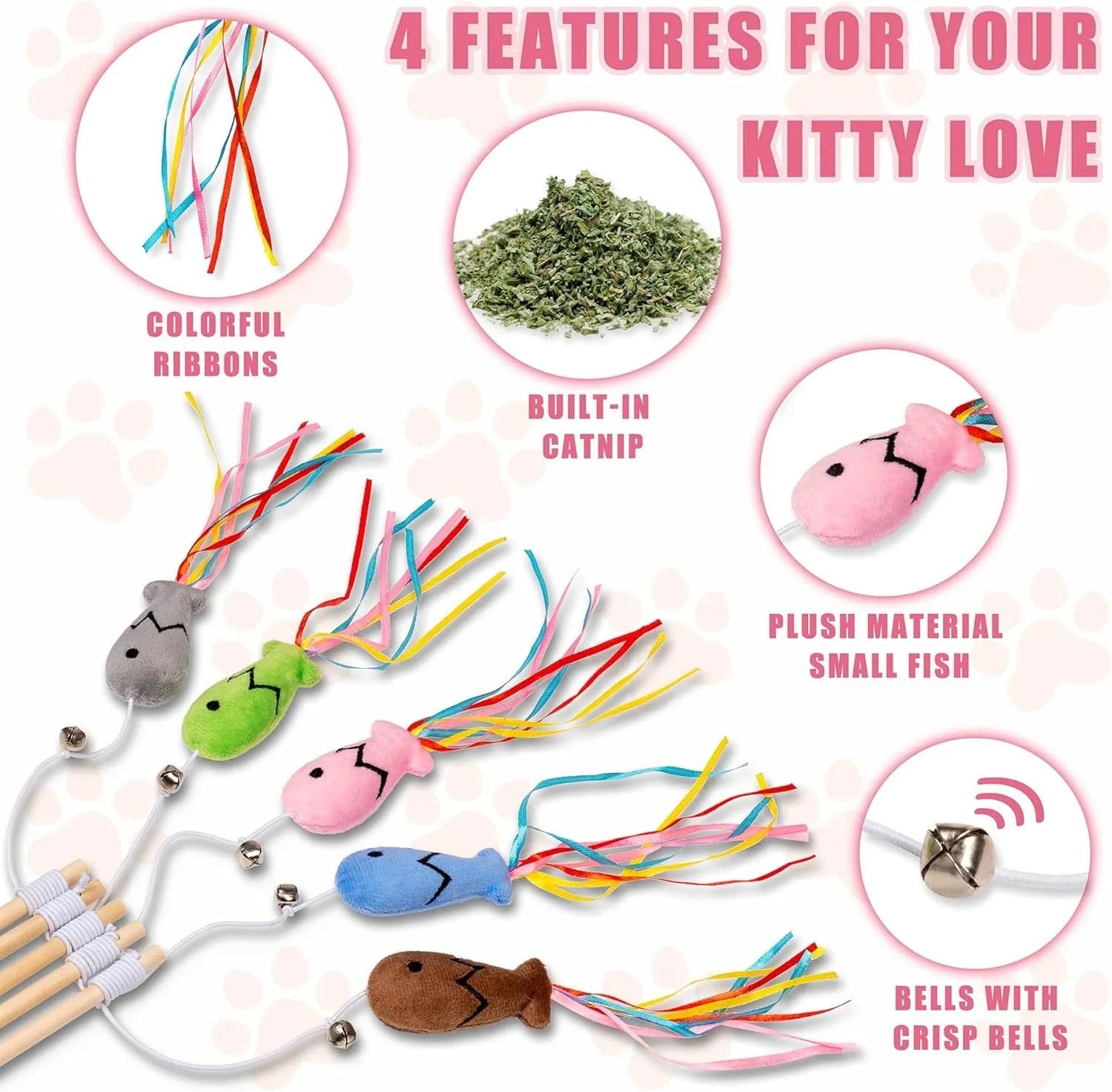 Interactive cat wand toy with colourful ribbons, bell, and catnip fish on a wooden handle.