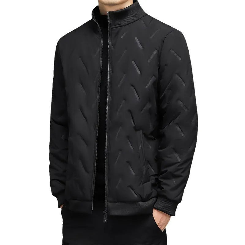 Men's fleece-lined stand collar cotton-padded coat in khaki, polyester fill, cold weather wear