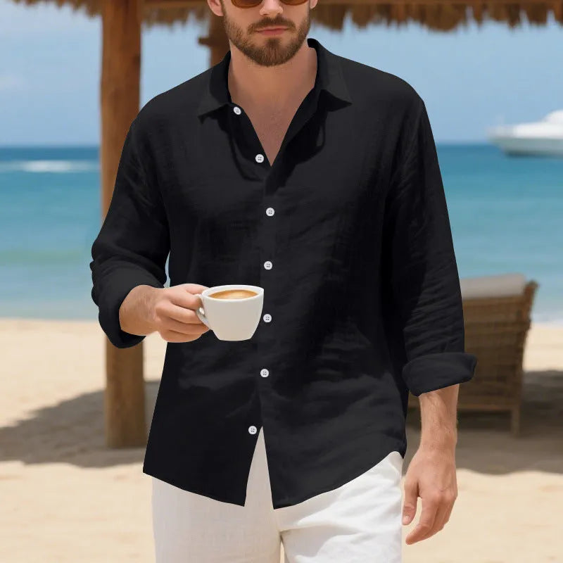 Man wearing a relaxed-fit light blue linen casual shirt with a non-iron finish
