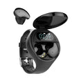 Black smart fitness bracelet with detachable TWS Bluetooth earbuds on a wrist, showing colour screen.