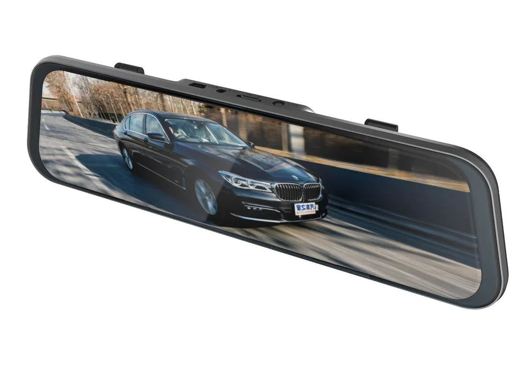 Black rearview mirror driving recorder with 10-inch touch screen display mounted in vehicle