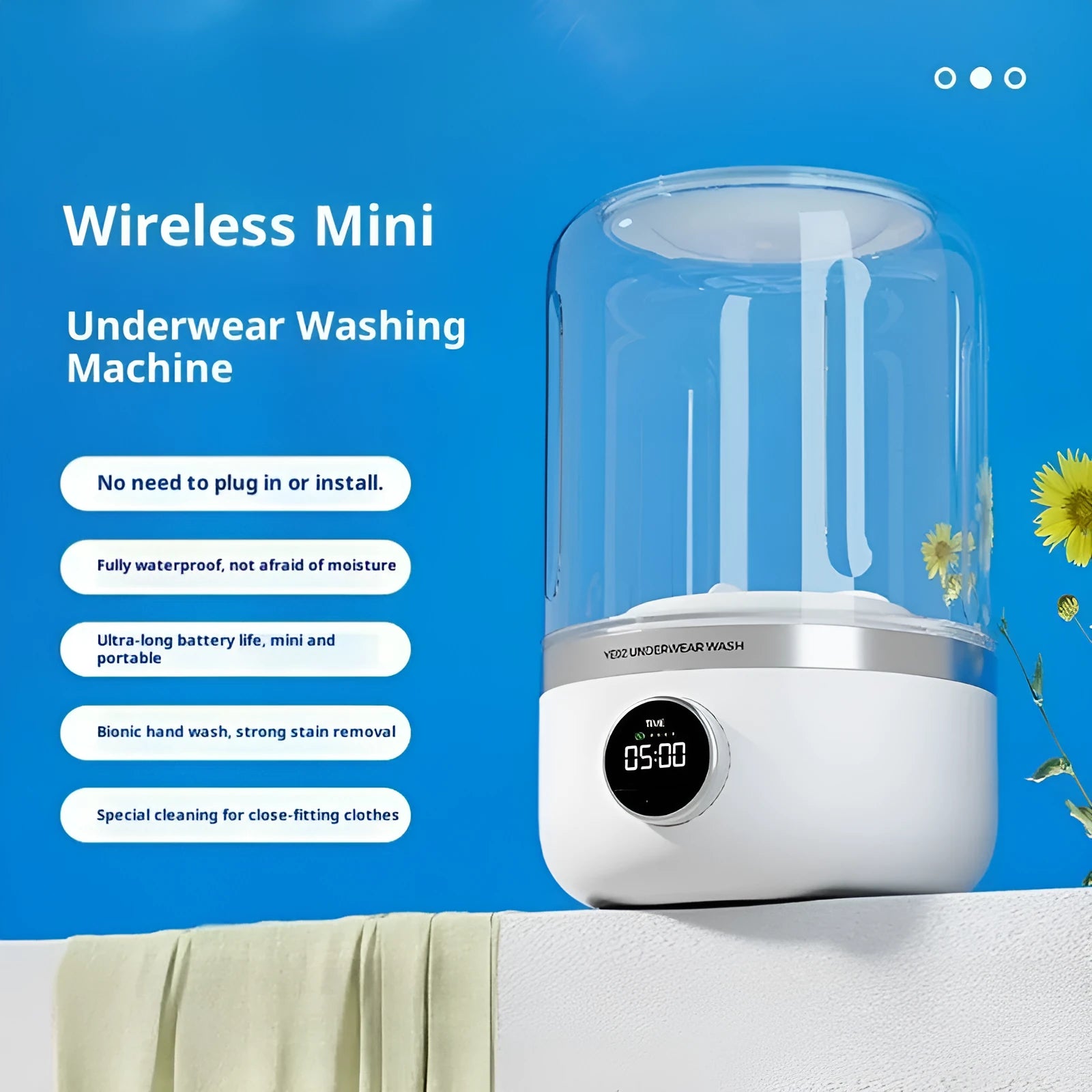 White portable laundry cup rechargeable small washing machine with charging cable on a table