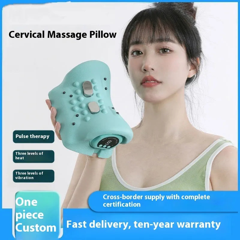 Blue-green cervical spine massage pillow showing EMS technology and hot compress function