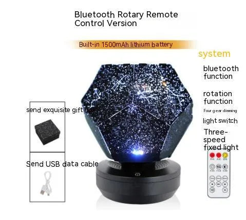LED starry sky projector night lamp showing constellation projections on a bedroom ceiling with remote control