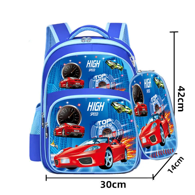 Cartoon anime print children's school backpack in blue colours with pencil case.