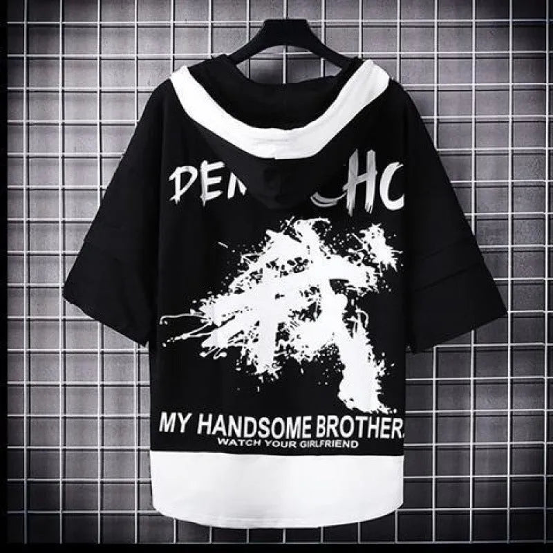 Men's loose fit hip hop polyester printed short sleeve t-shirt with graffiti design in black and white