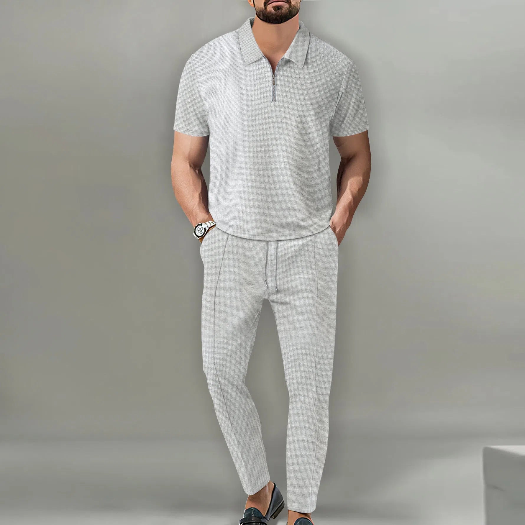 Men's solid colour waffle lapel suit set with short-sleeve top and trousers in khaki