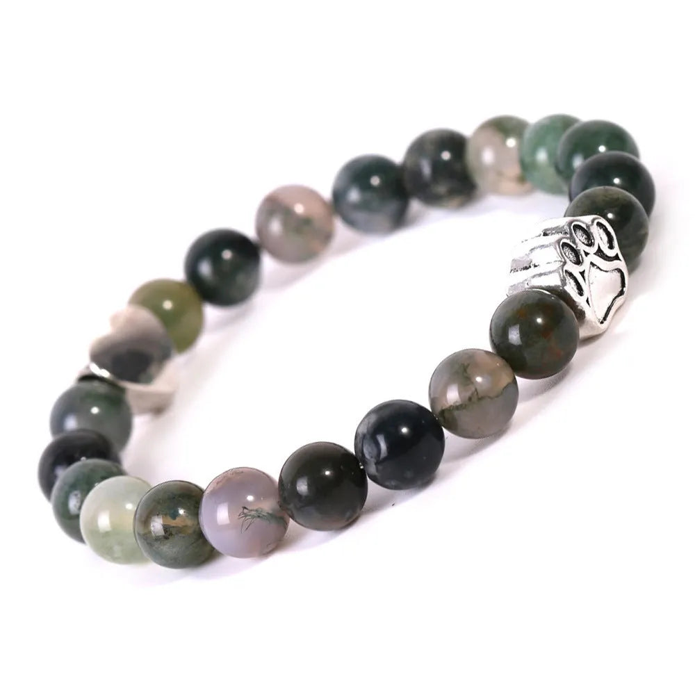 Tigereye Indian Agate stone bracelet shaped like a dog's paw with an engraved love heart.