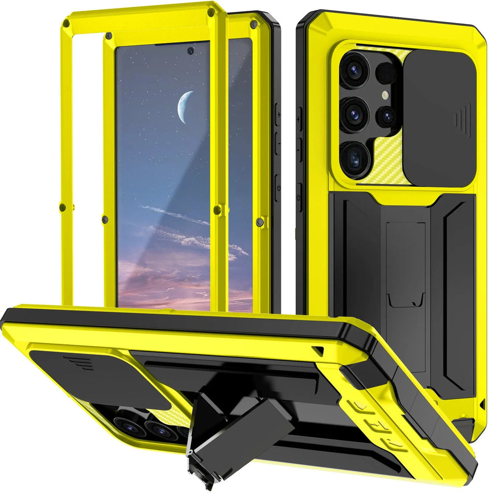 Metal phone case with invisible bracket for Samsung S25 Ultra in black showing rear camera cutout