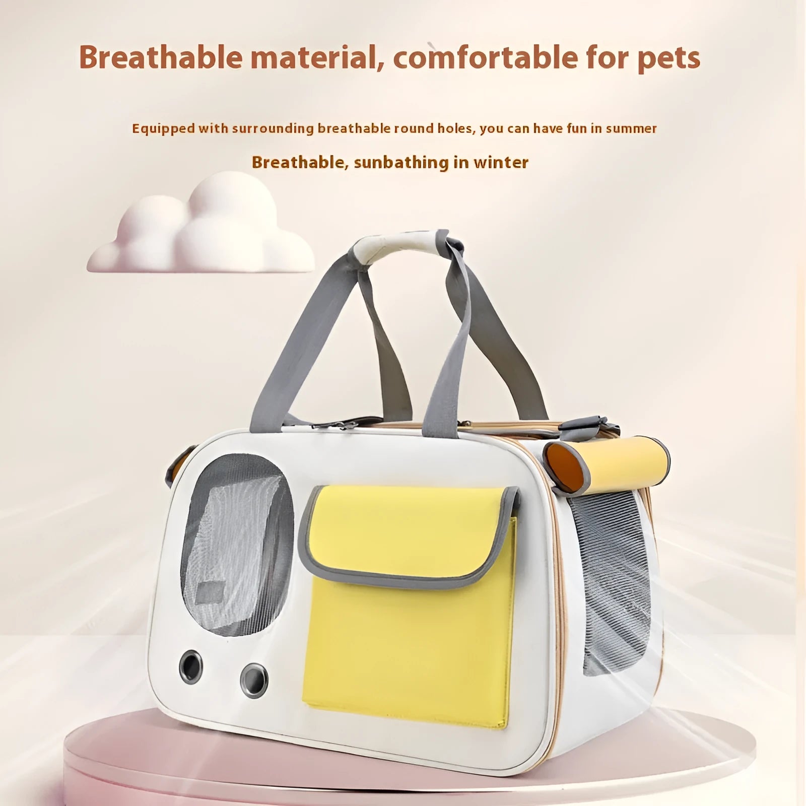 Foldable single shoulder pet carrier bag in canvas material, shown in yellow colour option